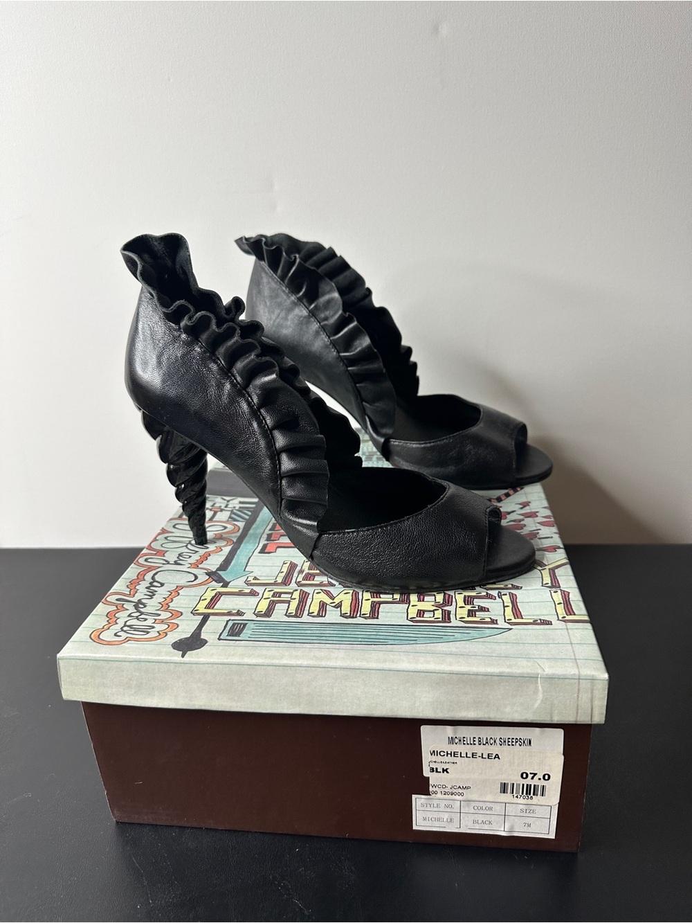 Jeffrey Campbell Michelle-Lea Black Sheepskin Heels with Spiral Heel